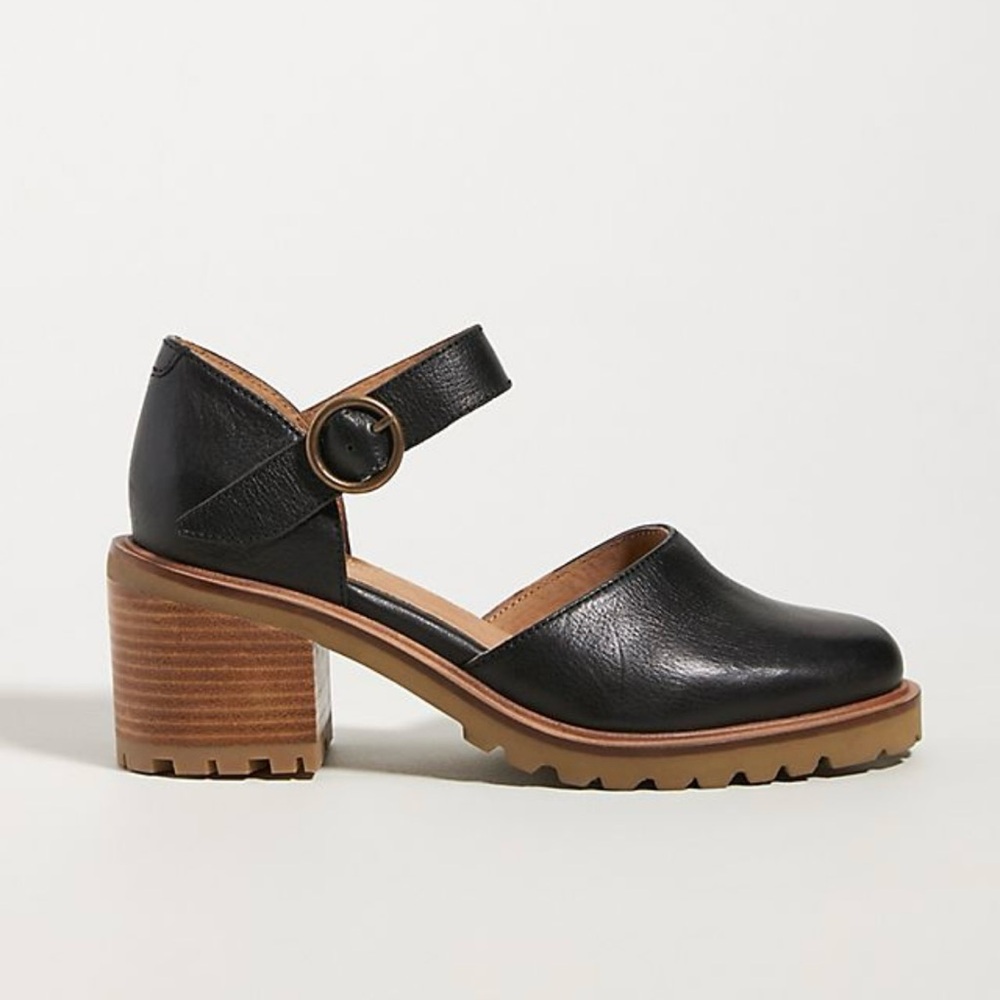 Women's Black Leather Block Heel Shoes